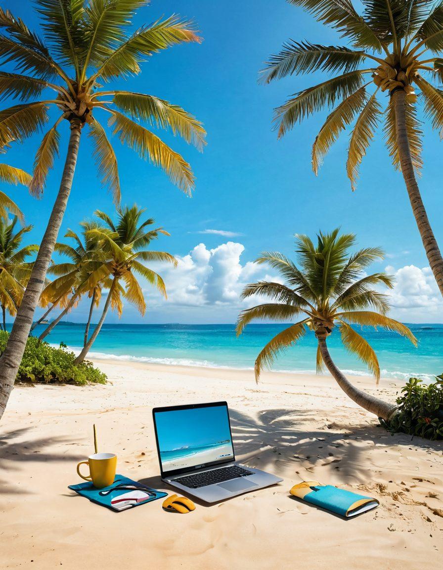 A scenic beach landscape featuring a blogger working on a laptop under a palm tree, with vibrant turquoise waters and golden sand in the background. Include colorful beach accessories like surfboards and beach umbrellas scattered around. The sky should be a clear blue with a few fluffy white clouds. Emphasize the relaxed coastal vibe and adventure spirit. super-realistic. vibrant colors. white background.