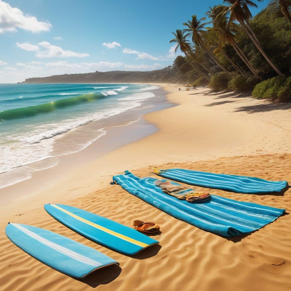 A sunlit beach scene with vibrant turquoise waves crashing onto golden sand, featuring a surfer mid-action riding a wave. Include beach umbrellas and sunbathers in the background, conveying a sense of relaxation and adventure. Scatter colorful beach towels and surfboards along the shore. The overall feel should be fun and inviting, illustrating the thrill of beach vacations. super-realistic. vibrant colors. 3D.