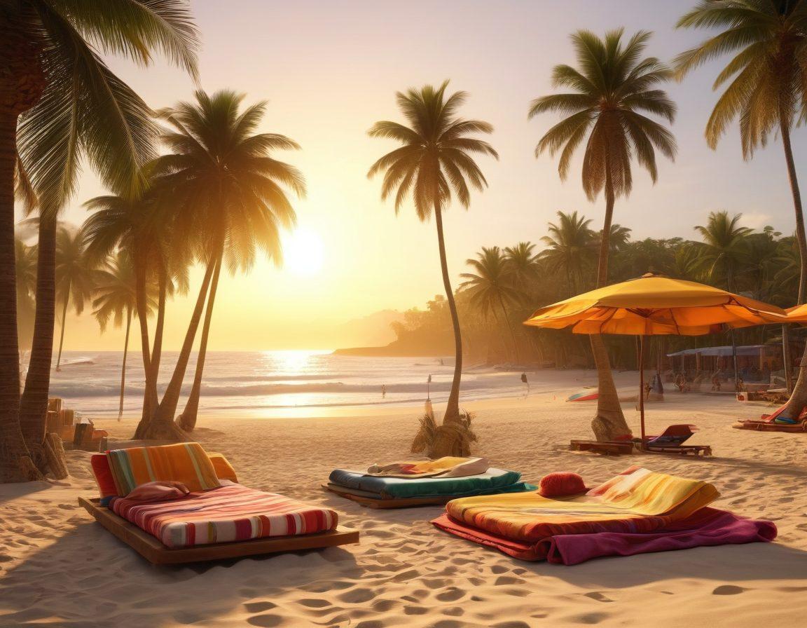 A tropical beach scene transitioning from sunbathing to surfing, featuring sun loungers with colorful towels, a golden sun setting over the horizon, surfers riding vibrant waves in the background, lush palm trees swaying in the gentle breeze, and a sandcastle being built nearby. super-realistic. vibrant colors. 3D.